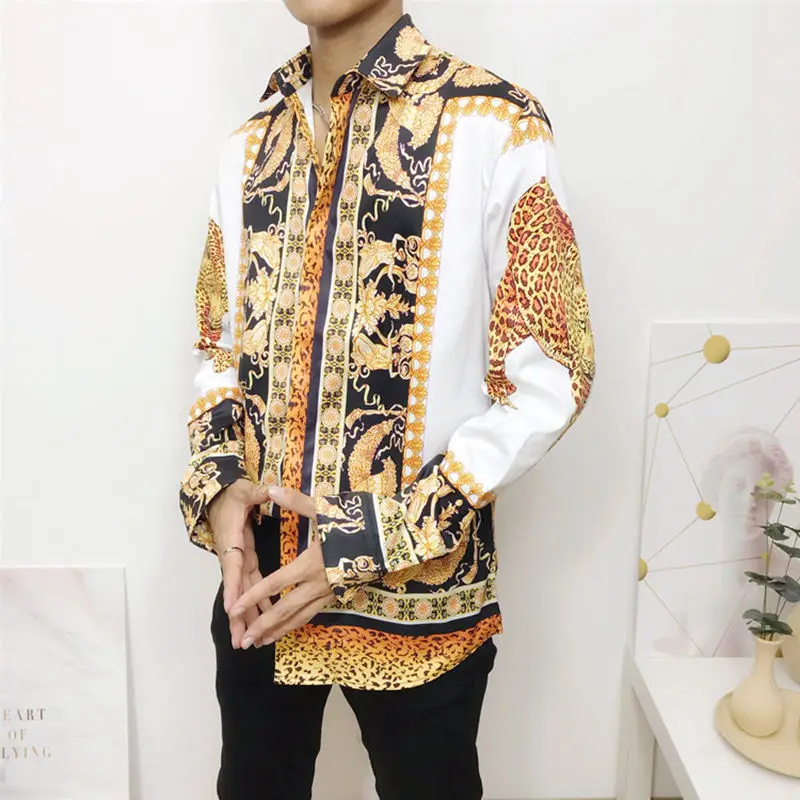 Модная новая брендовая мужская рубашка Harajuku 3d Цветочный Леопардовый принт сращивающиеся модные рубашки для мужчин осенние Клубные вечерние платье для свадьбы выпускного рубашки