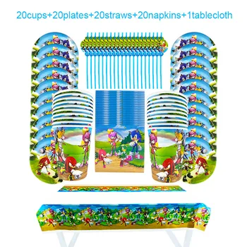 

81Pcs Cartoon Sonic Theme Disposable Tableware Design Kid Birthday Party Paper Plate+Cup+Napkin+ Straw+Tablecloth Party Supplies