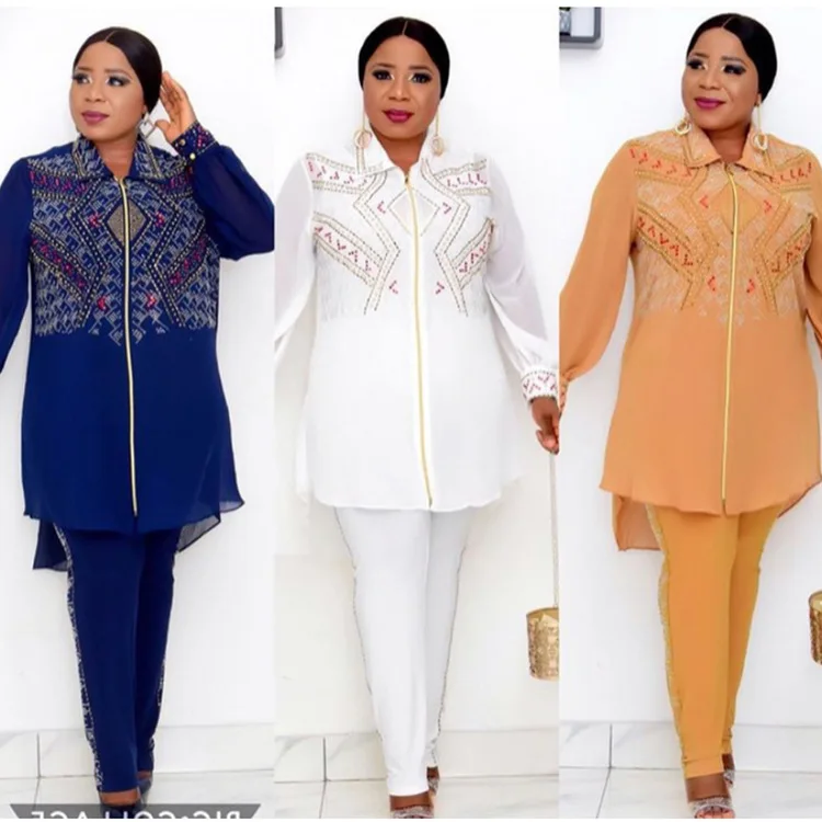 

Spring Autumn African Women Long Sleeve Solid Color Three Piece Sets Top Inner and Long Pant Dashiki African Clothes Women