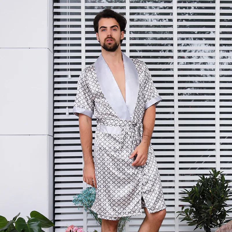 FZSLCYIYI Men Sleepwear Silk Short Sleeve Bathrobe Kimono Homewear Bath Gown Printed Geometric Male Sexy Rayon Robe cotton pajamas for men Men's Sleep & Lounge
