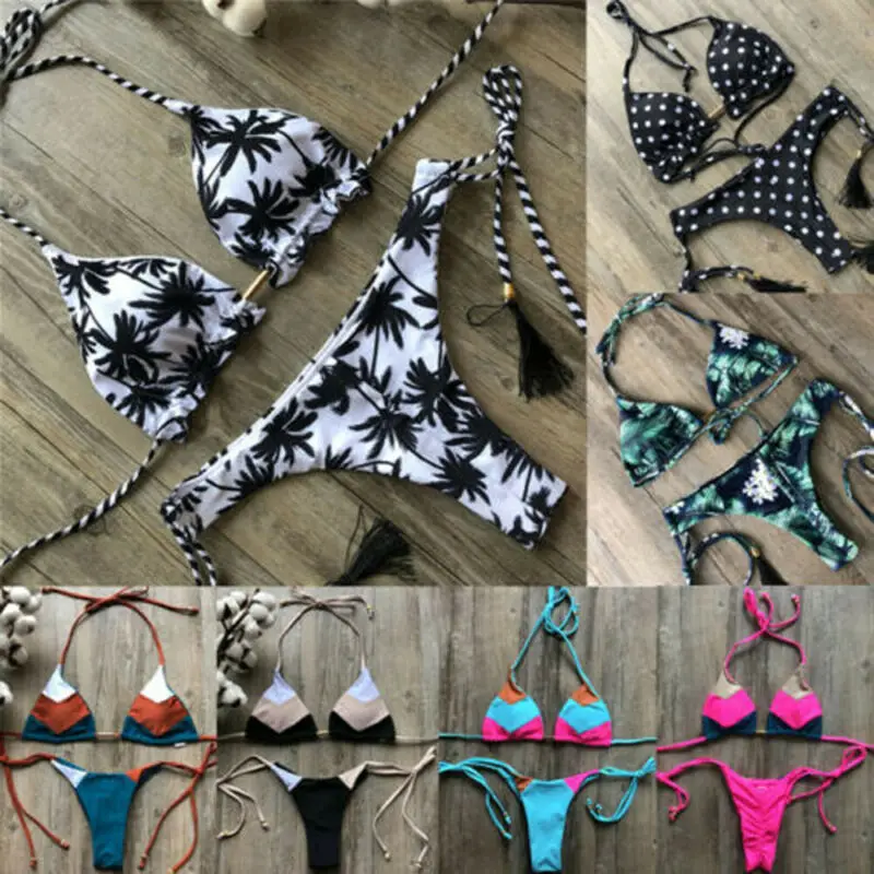  2020 Tassel Halter Bikini Set Women Ladies Bandage Swimwear Push-up Brazilian Bra Plant Print Swims