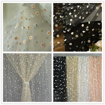 

2Yards Daisy Flower Mesh Embroidery Cloth French Net Lace Fabric DIY Curtain Children's Clothing Baby Clothes Tulle Fabric