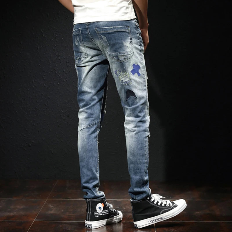 Flash Sale Aolamegs Jeans Men Colorful Patch Casual Hip Hop Style Denim Advanced Broken Hole High Quality Tight Jeans Streetwear Autumn