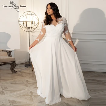 

Lace Wedding Dresses Plus Size Bridal Gowns for Women Appliques Chiffon Beach Bride Gowns with Sleeves Lace Up Vestido De Noiva
