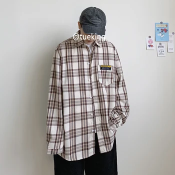 

2020 Spring And Autumn New Youth Popular Couple Plaid Long Sleeve Shirt Fashion Casual Loose Wild Top Jacket Red / Khaki M-5XL