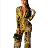 2022 popular vintage print lady jumpsuits full sleeve sexy deep v-neck rompers wide leg pants vintage fashion jumpsuits ► Photo 1/4