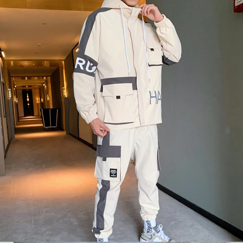 

2020 Mens Cargo Pullover Streetwear Hooded Tracksuit 2 Pieces Sets Jackets And Cargo Pants Loose Fit Pants Hip Hop