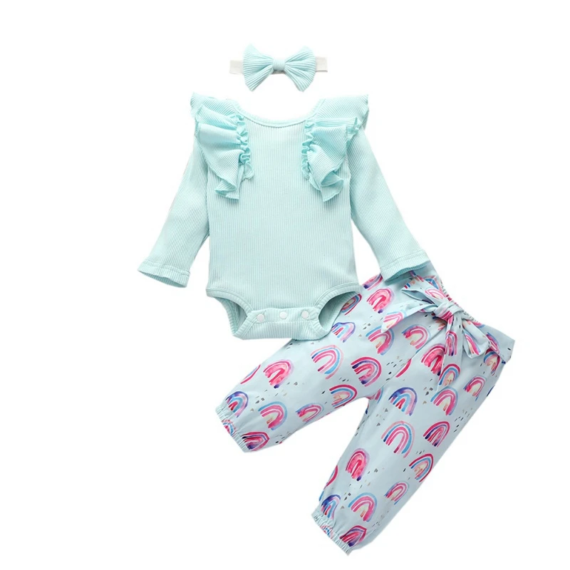 

Baby Girl Costume Infant Ruffled Long-sleeved Romper Rainbow Trousers Headband Set 3Pcs Casual Clothing Outfits