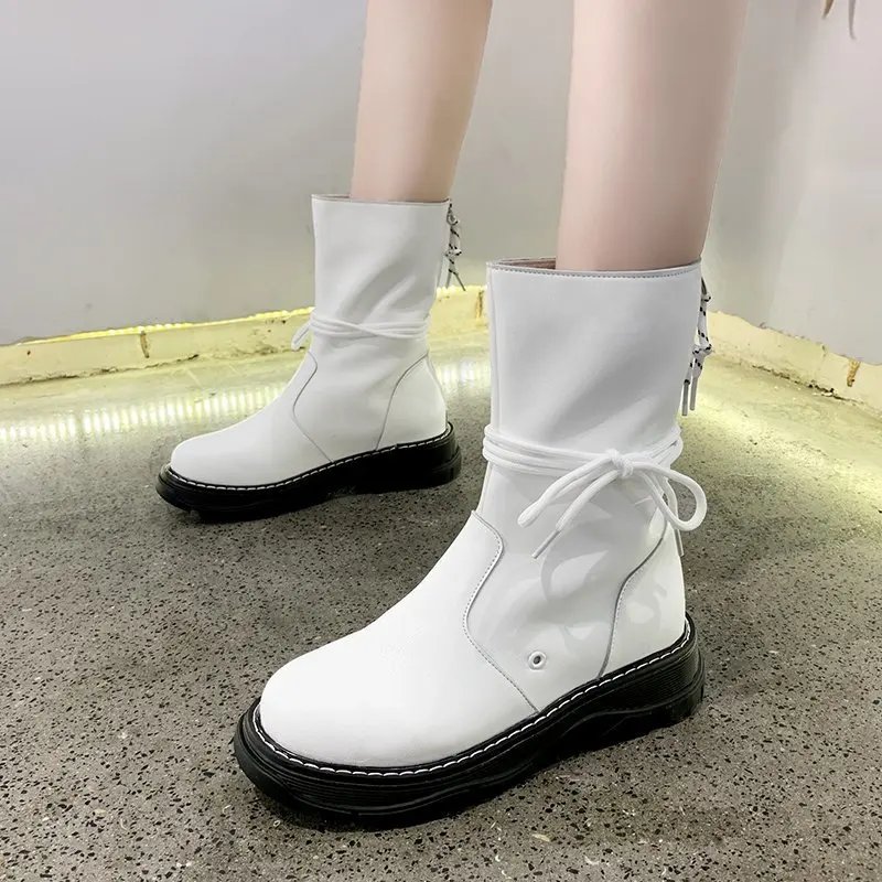 

Women Botas Round Toe Platform Thick Heel Mid-Calf Boots Woman Fashion Slip-on Chelsea Booties Autumn Winter White B941