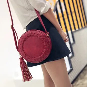

1Pcs Women Tassel Bag Summer Messenger Fabric PU solid Color Portable Bag Ladies Cute Circular Bags Shoulder Bag Knitting Round
