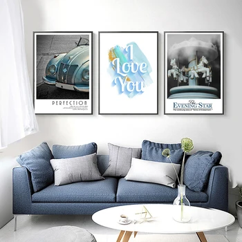 

Nordic Nostalgic Blue Car Canvas Painting Love Quotes Wall Art Poster Carousel Print Wall Picture for Living Room Home Decor