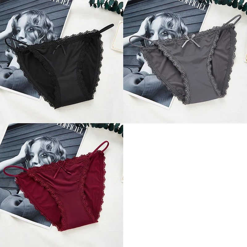 Black Gray Red 3 шт., сексуальные кружевные трусики для женщин, стринги, бикини, выдалбливают, дамское нижнее белье, бесшовные трусики, низкая посадка, женские трусы, модные - Цвет: Black Gray Red