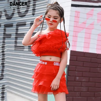

New Girls Jazz Costume Cheerlead Dance Clothes Red Cropped Vest Cake Skirts Ballroom Hip Hop Outfit Kids Festival Clothing L3989
