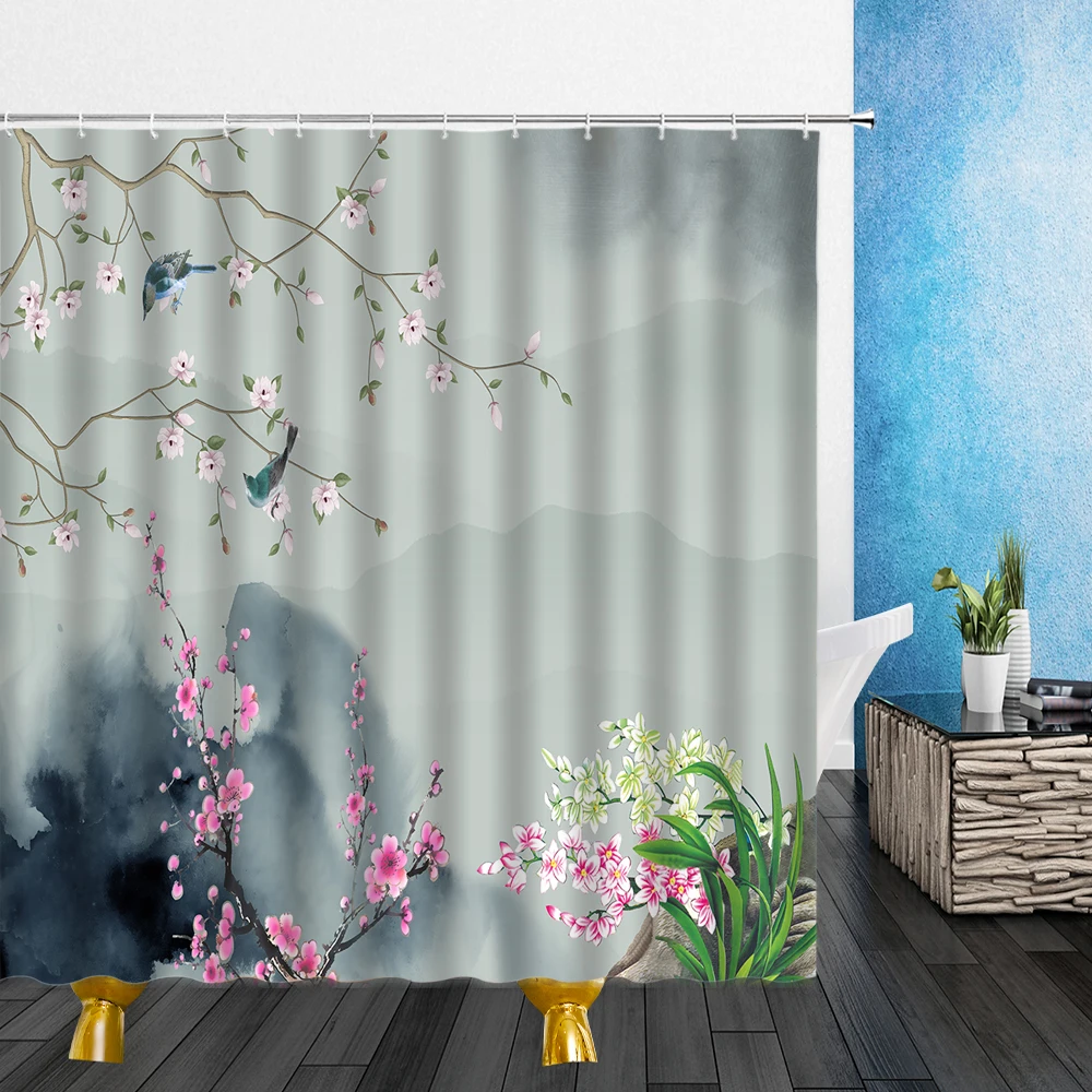 

Spring Landscape Shower Curtain China Style Flowers Bird 3D Waterproof Polyester Cloth Bathroom Shower Curtains Bath Screen Set