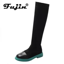 Fujin/высокие женские сапоги; зимняя обувь на плоской подошве; Прямая поставка; хлопковая ткань; замша; низкий каблук; круглый носок; толстый каблук; сапоги до колена для отдыха