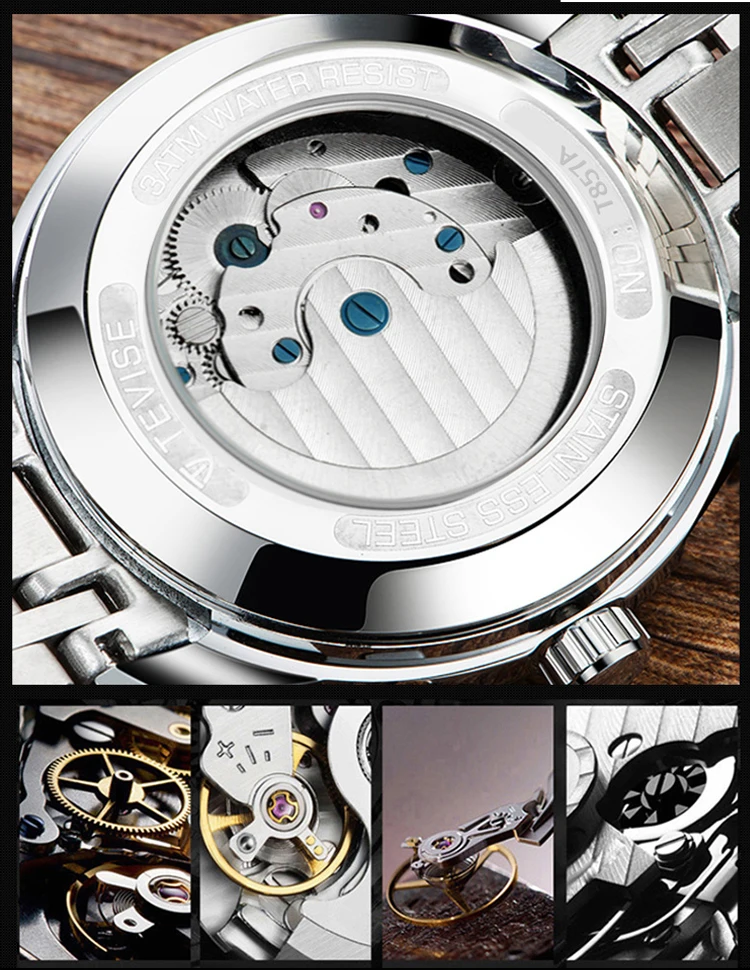 TEVISE Топ бренд класса люкс automatic Tourbillon Мужские механические часы модный стальной ремень Moon Phase светящиеся водонепроницаемые часы