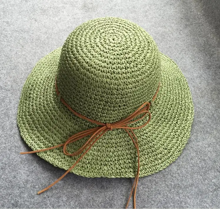 Grass green Модная летняя соломенная шляпа Плетеный бантик пляжные шляпы Складная Панама Козырек Кепка - Цвет: Grass green