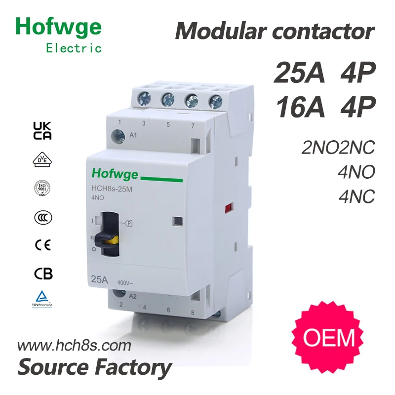 HCH8s-25M 4P 16A 20A 25A 24V 110V 220V Din Rail бытовой модульный контактор переменного тока с ручным