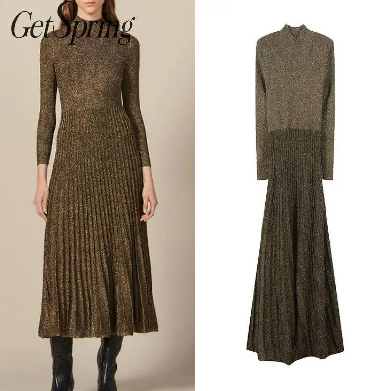 

GetSpring Women Dress Turtleneck Long Sleeve Bright Silk Knitted Dresses Elegant Vintage Dress All Match Bottoming Long Dresses