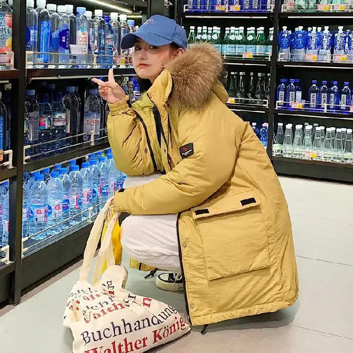 Корейская женская версия новой пуховой куртки для отдыха в году с толстым и теплым лыжный костюм средней длины с хлопковой подкладкой - Цвет: Yellow