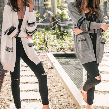 

New Cotton Solid Cardigan Long Sleeve Knitted Sweater Women Open Stitch Casual Large Pocket Sweters Women Loose Cardigan Clothes