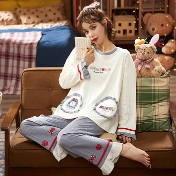 

Pajamas Women Autumn and Winter Pure Cotton Long-sleeved Student Korean Version Cute Ins Female Plus Size Home Service Suit
