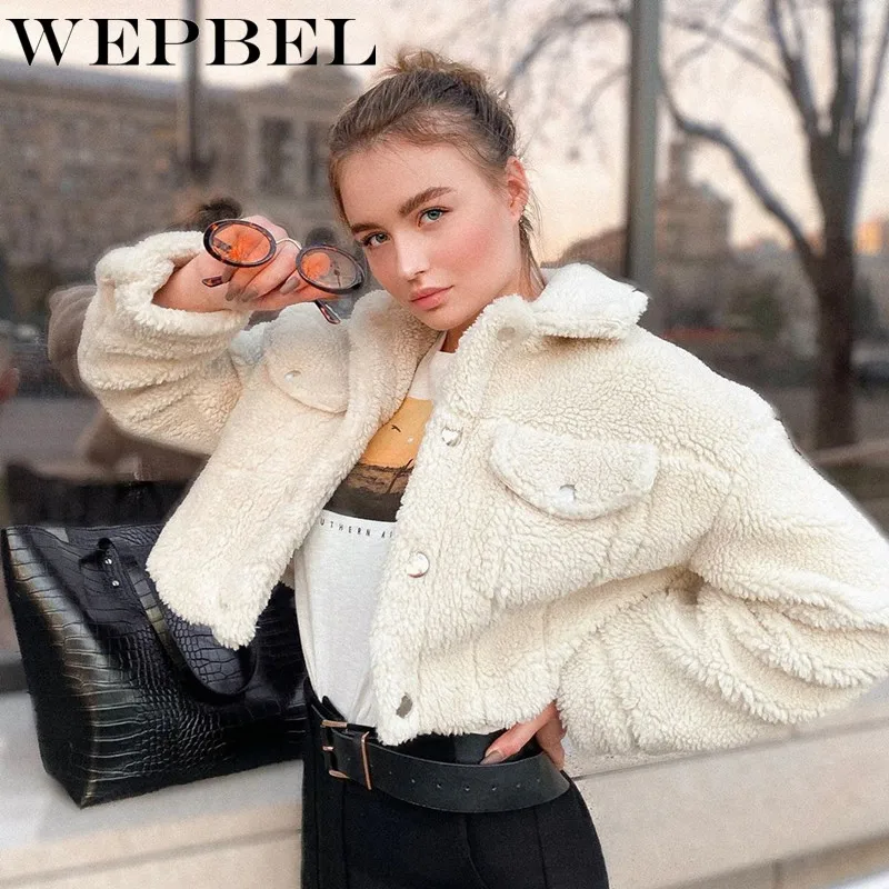 

WEPBEL Winter Solid Color Wool Coat Women's Casual Long-Sleeved Single-Breasted Turn-down Collar Straight Plush Coat