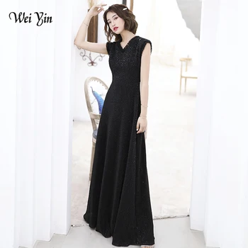 

AE0135 wei yin 2020 Black Sexy V Neck Sequin Long Evening Dress Elegant A Line Evening Gowns Robe De Soiree Longue