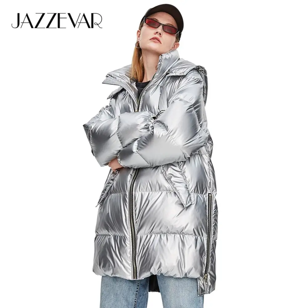 Kopen JAZZEVAR 2019 Winter Nieuwe Mode Straat Womens Edgy Sliver Lange Donsjack Cool Meisjes Rits Hooded Down Jas Bovenkleding z18004