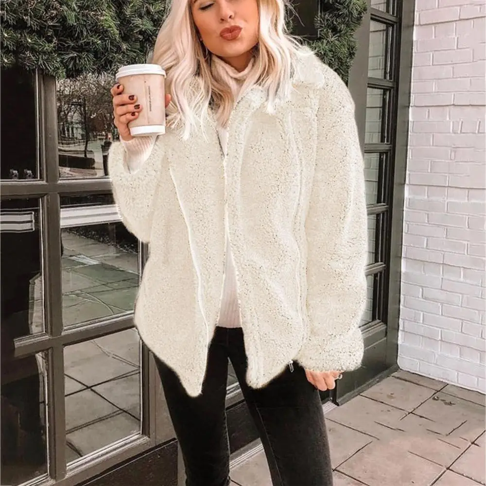 

Plush Coat Plus Size Women Autumn Winter Fluffy 2019 Solid Long Sleeve Lapel Zipper Fake Fur Coat Soft Female Overcoat