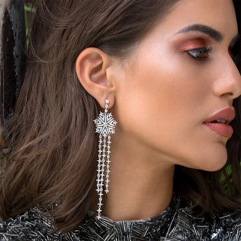 

European and American high-end temperament new snowflake zircon long earrings simple wild S925 silver needle hypoallergenic ear