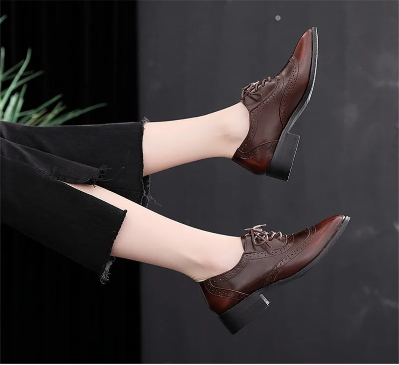 Handmade Big Size 32-42 Women Oxfords Shoes Vintage Genuine Leather Brogues Oxford Shoes For Woman British Carved Ladies Oxfords (22)