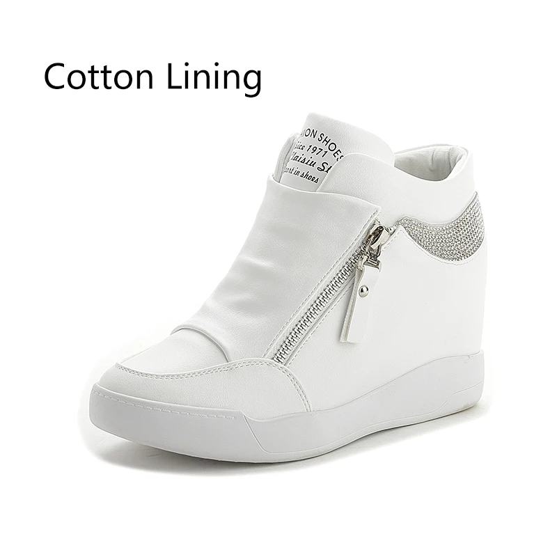 Dumoo/осенне-зимняя обувь; женские кроссовки; женские теплые плюшевые белые/черные кроссовки на платформе и высоком каблуке; zapatillas mujer - Цвет: white cotton lining