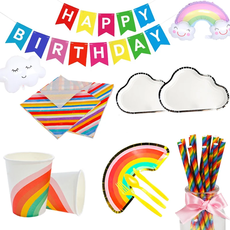 Tableware Napkins Plates Banner Decorations RAINBOW Happy Birthday Party Bags