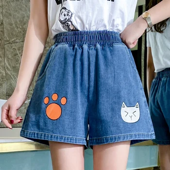 

5XL large size denim shorts female loose high waist Korean cute pattern wide leg jeans female student XXXXXL