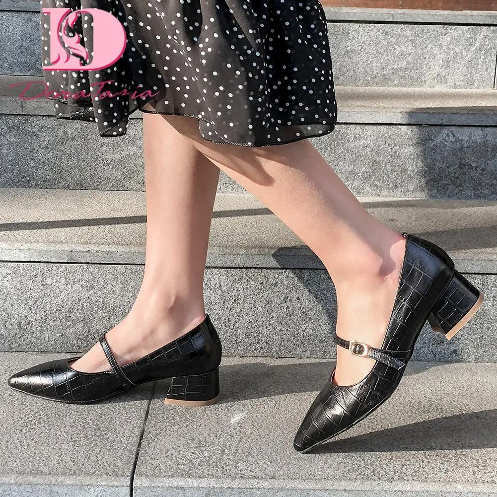 

Doratasia New Fashion Cow Leather Chunky Heels Pointed Toe Office Lady Pumps Woman Shoes Buckle Strap Shoes Women Pumps