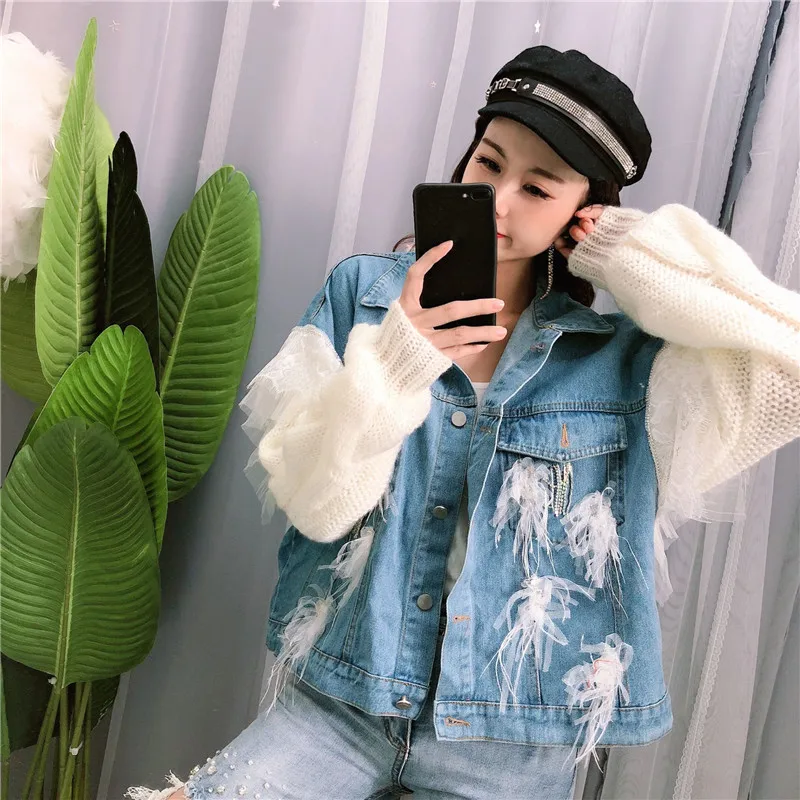 WHITNEY WANG Осенняя модная уличная дизайнерская стильная вязаная джинсовая куртка с перьями и кисточками женские изысканные джинсы пальто