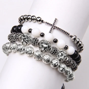 

Men cross lion charm Bracelet 4pcs/set Bangle silver color lava stone beads Bracelets Men Luxury Jewelry for male brave gift