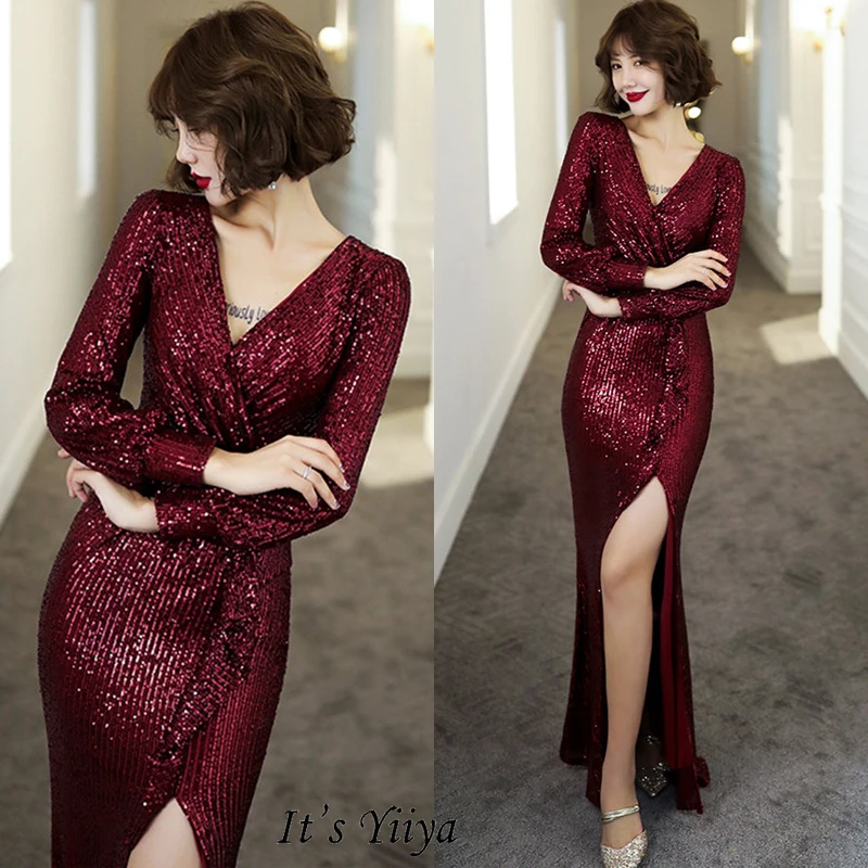 

It's Yiiya Evening Dress Sequins V-neck Robe De Soiree K017 Elegant Split Evening Dresses For Women Long Sleeves Formal Gowns