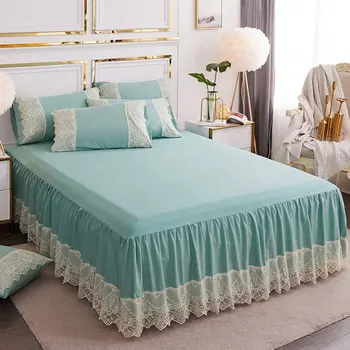 

Princess Style Bed Skirt Lace Decor Girls Room Bed Sheet Twin Full Queen Size Bedspread Wedding Decor Sheet for Couple Bed