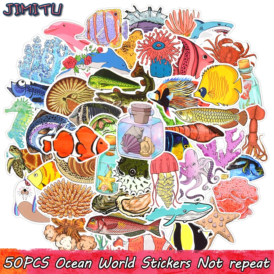 

50 PCS Ocean Animals Stickers Cute Sea Fishes Plants Decals Sticker Gifts for Children DIY Laptop Suitcase Guitar Fridge Bicycle