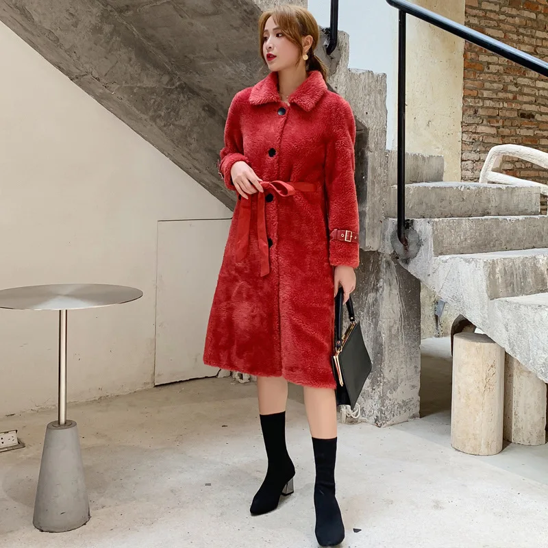

Photo Shoot 2019 New Style Granule Sheep Shearing Fur Long of Belt Slimming Fur Coat Women's