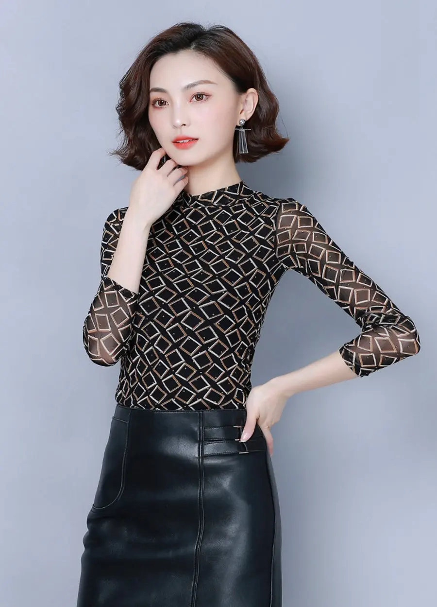 Blusas Mujer De Moda, женский зимний топ, Повседневная Блузка с принтом, базовая, длинный рукав, сетка, тонкая, для офиса, для девушек, топы размера плюс, Blusas