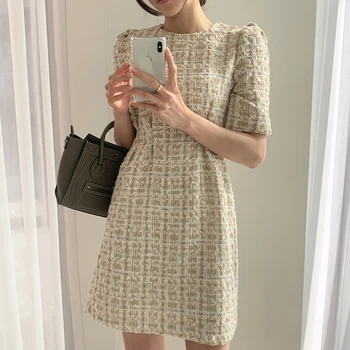 

2020 New Spring Vintage Women Short Dress O-neck Slim Waist Elegant Short Sleeve A-line Dress Female Work Wear Vestidos femme