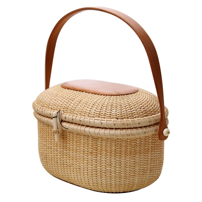 

ABZC-Wicker Willow Picnic Basket Shopping Vintage Basket with Lid and for Camping for Shopping