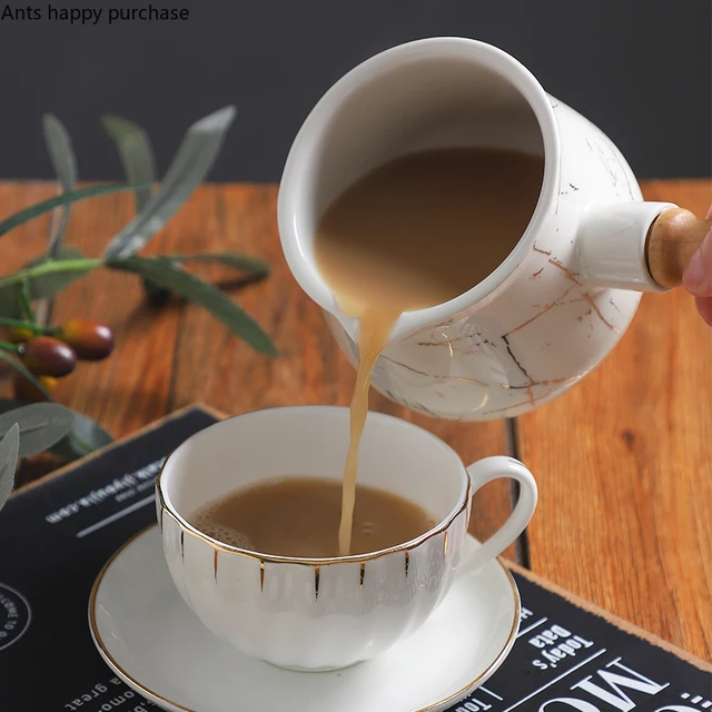 Fehér Arany Mintázat Kerámia Tejkanna Fa Fogantyú Kávé Tej Edény Kávéfőző Kiegészítők Asztali Fedéllel - Image 3