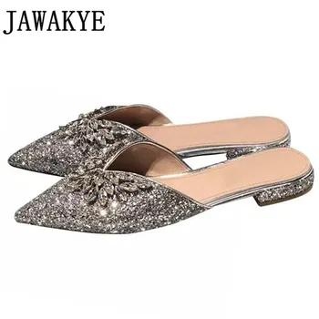 

Shiny Rhinestone Slippers Women pointed Toe bling bling Summer shoes Sandals Sequin Diamond flat heel Flip Flops Outdoor mules
