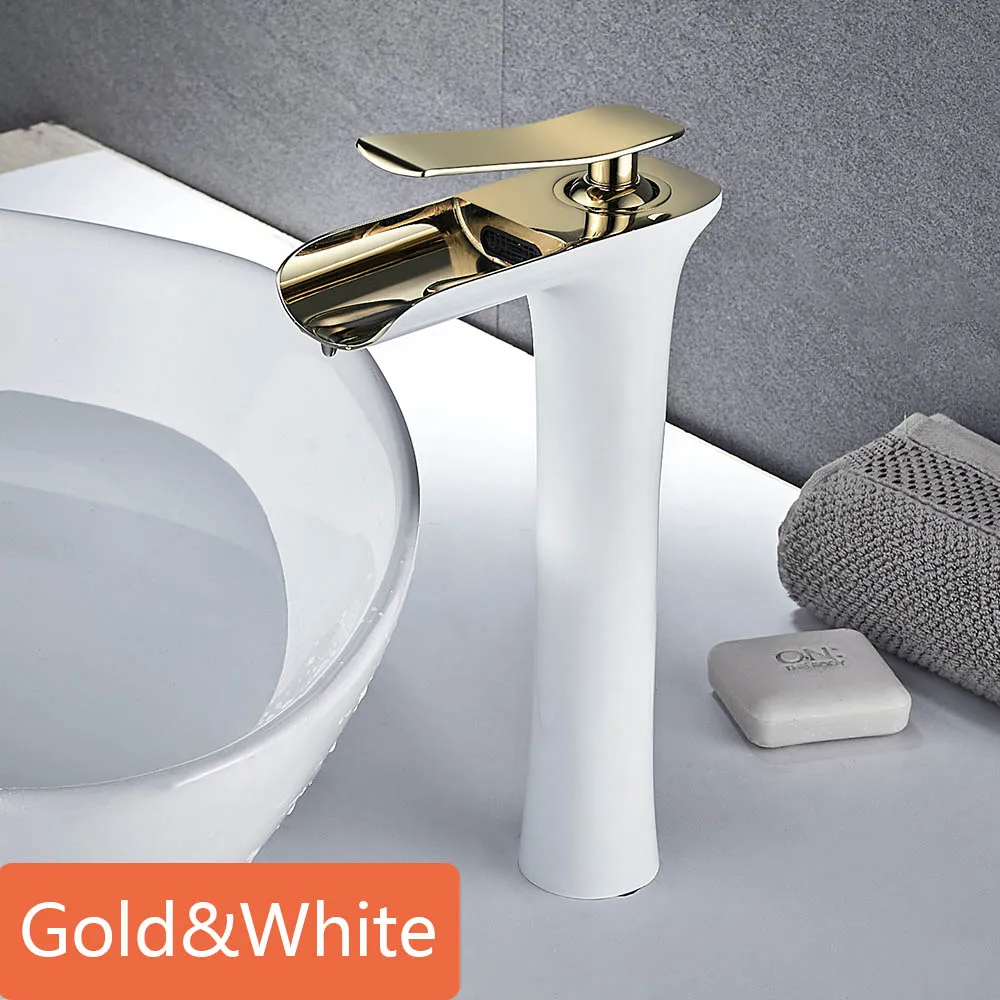 Gold White Смеситель для раковины, водопад, смеситель для ванной комнаты, кран для горячей и холодной воды, хромированный кран для раковины, кран для ванной комнаты с одним отверстием, латунный смеситель, кран Torneira - Цвет: Gold White