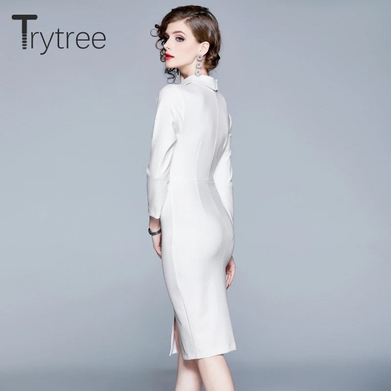 Trytree/осеннее женское Повседневное платье с отложным воротником на молнии, элегантное 2 цвета, ТРАПЕЦИЕВИДНОЕ платье-футляр, модное офисное женское платье по колено