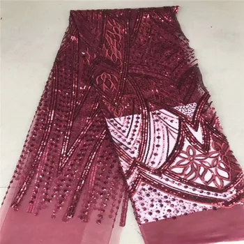 

2019 Latest Red Color African French Lace Fabric High Quality African Tulle Lace Fabric with Glued glitter sequins 5 yards
